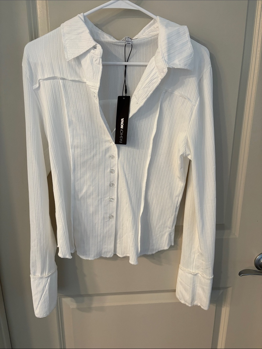 Fashion Nova White Ribbed Button-Down Collared Top